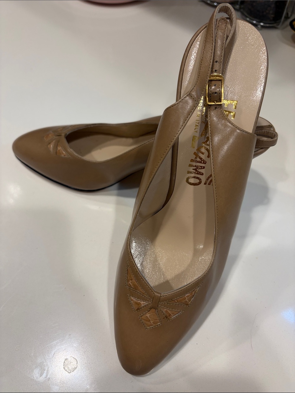 Salvatore Ferragamo Brown Leather Slingback Pumps